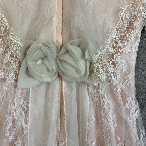 Vintage 80s Pink Peach Lace Dress Victorian Frilly Rosette Coquette Cottage Prom - Picture 10 of 15